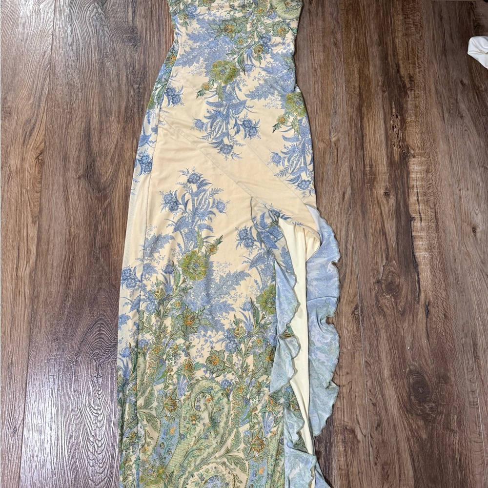 Tiger Mist Strapless Floral Dress in Cream and Blue